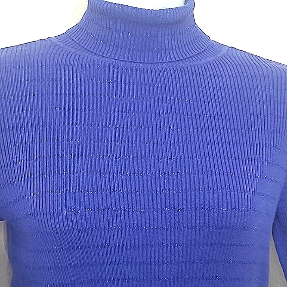 Kim Rogers Purple Sweater Royal Blue Sparkle Stripe Ribbed Knit Turtleneck Mediu